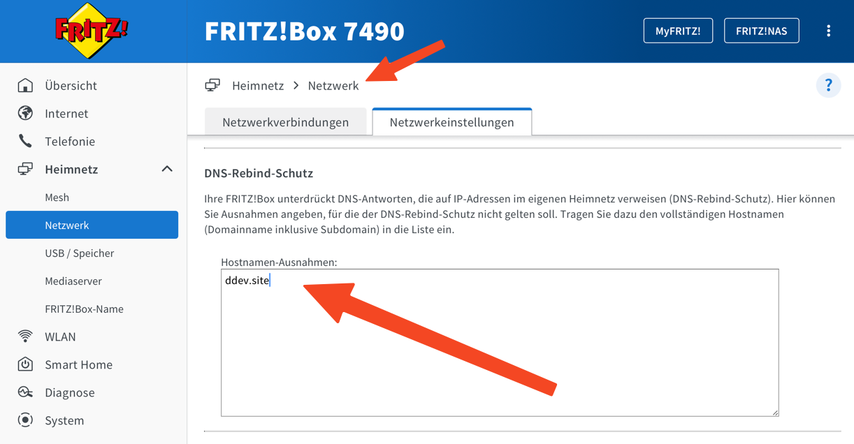 Fritz!Box DNS Rebinding Protection Settings with callouts showing where to add exceptions
